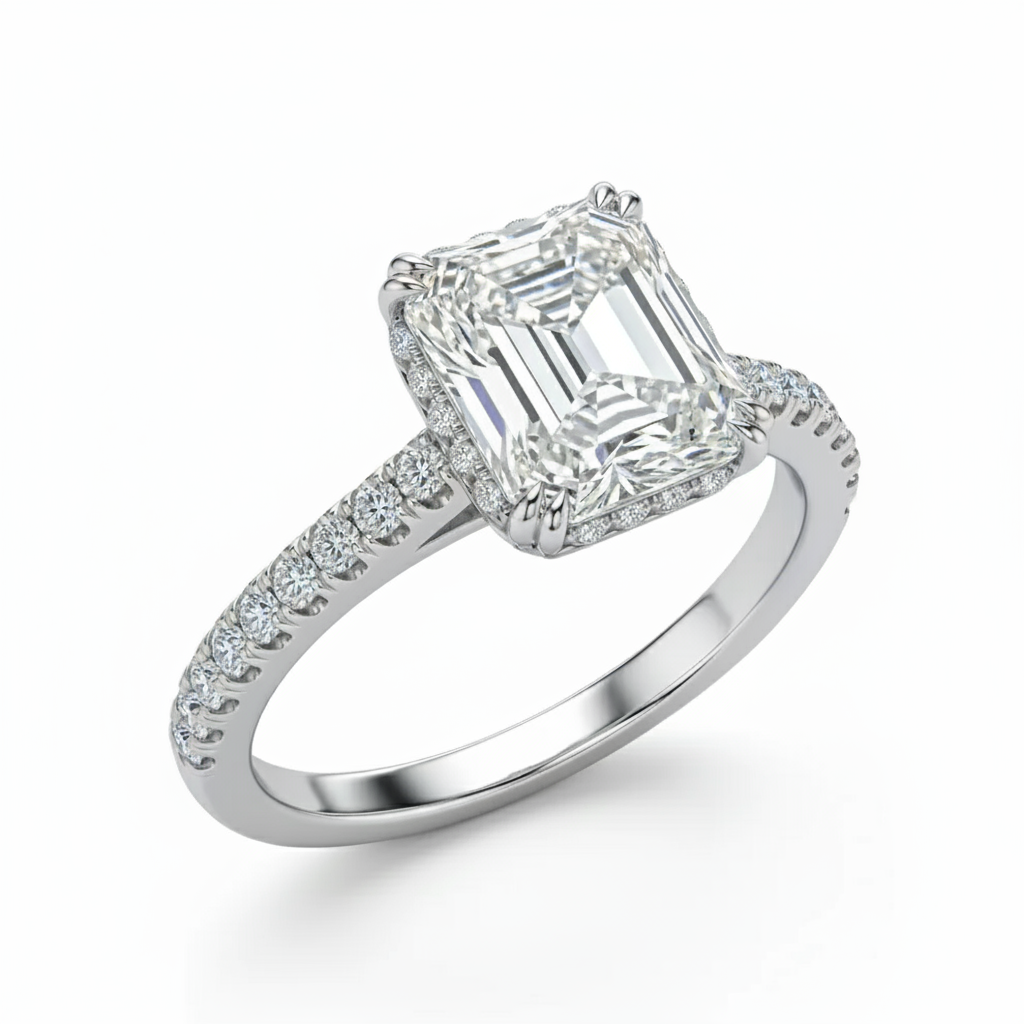 Radiant Cut Moissanite Engagement Ring, Hidden Halo
