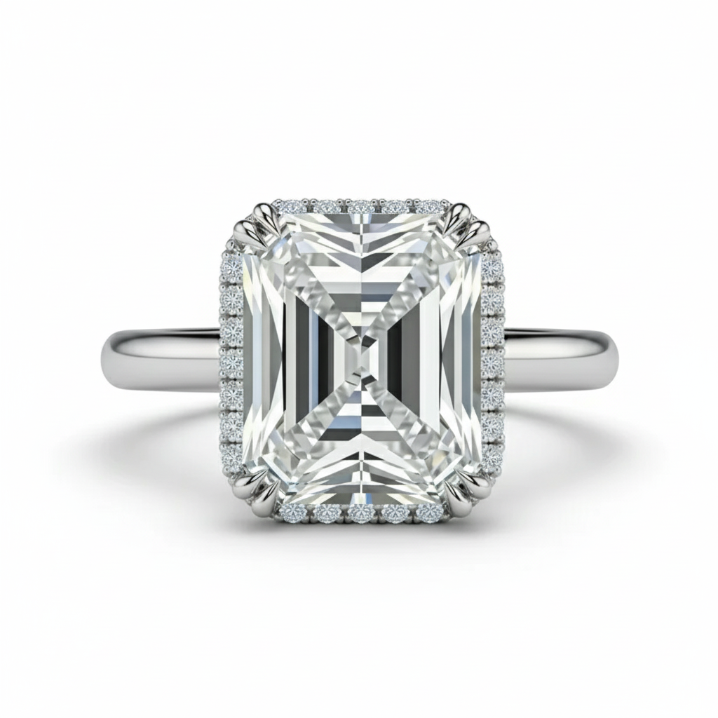 Radiant Cut Moissanite Engagement Ring, Hidden Halo Design