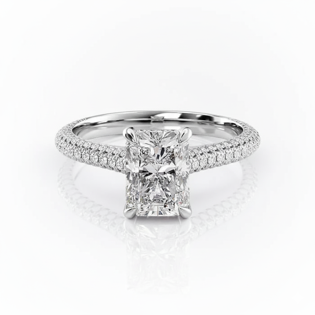Radiant Cut Moissanite Engagement Ring, Pave Set Shoulders