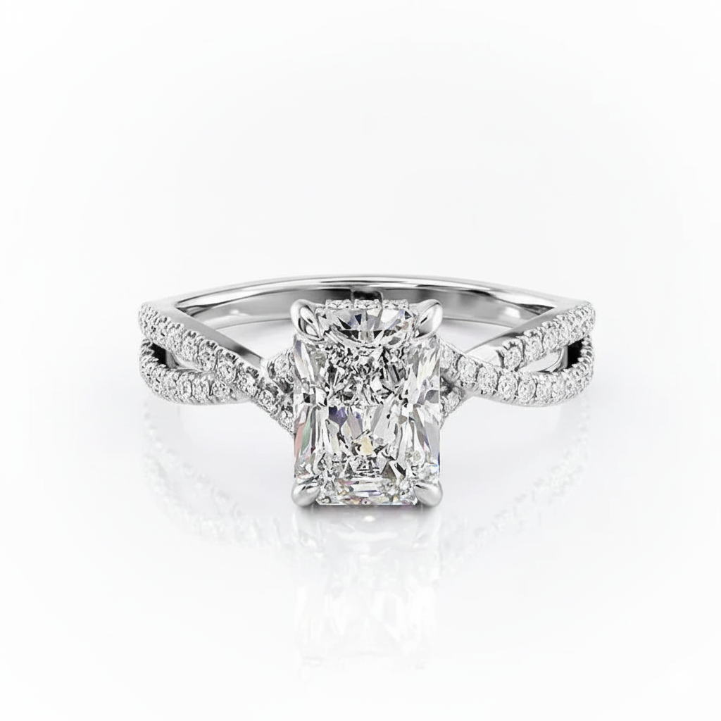 Radiant Cut Moissanite Engagement Ring, Twisted Stone Set Shoulders
