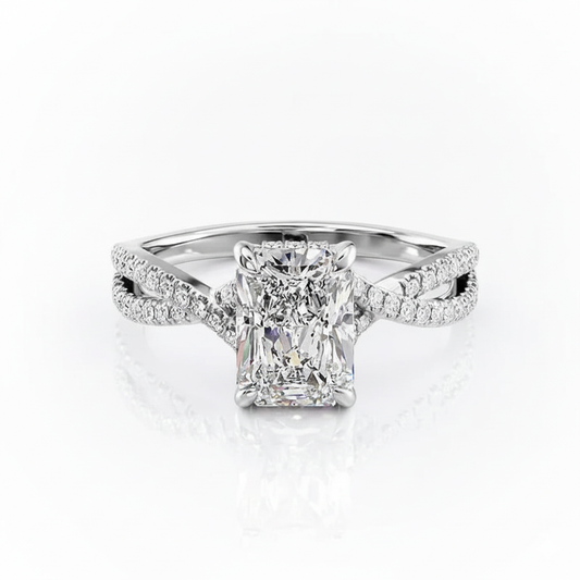 Radiant Cut Moissanite Engagement Ring, Twisted Stone Set Shoulders