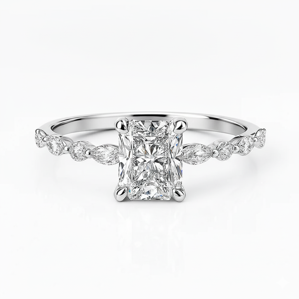 Radiant Cut Moissanite Engagement Ring With Hidden Halo