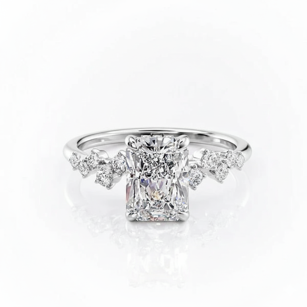 Radiant Cut Moissanite Engagement Ring With Hidden Halo And Side Stones