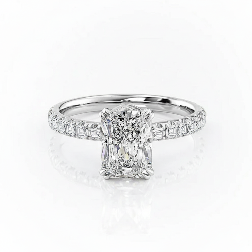 Radiant Cut Moissanite Engagement Shoulder Set Ring With Block Halo