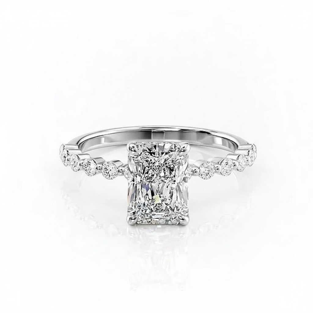 Radiant Cut Moissanite Engagement Shoulder Set Ring With Hidden Halo