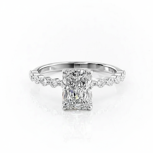 Radiant Cut Moissanite Engagement Shoulder Set Ring With Hidden Halo