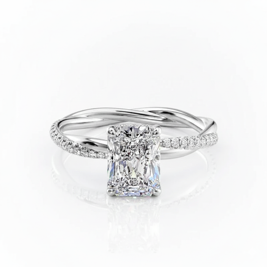 Radiant Cut Moissanite Engagement Twisted Shoulder Set Ring With Hidden Halo