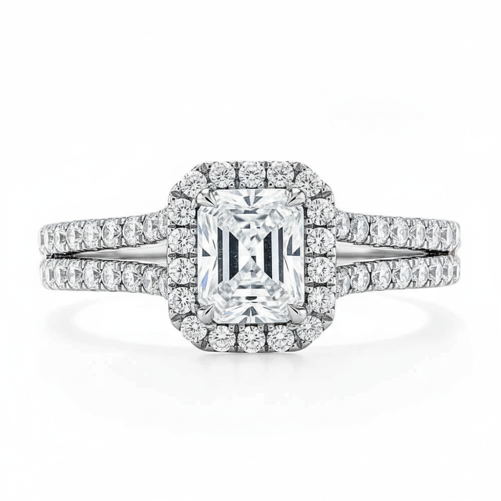 Radiant Cut Moissanite Halo Engagement Ring, Classic Style