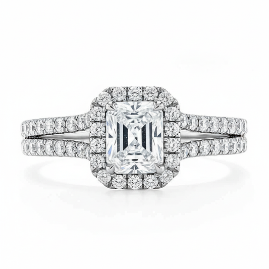 Radiant Cut Moissanite Halo Engagement Ring, Classic Style