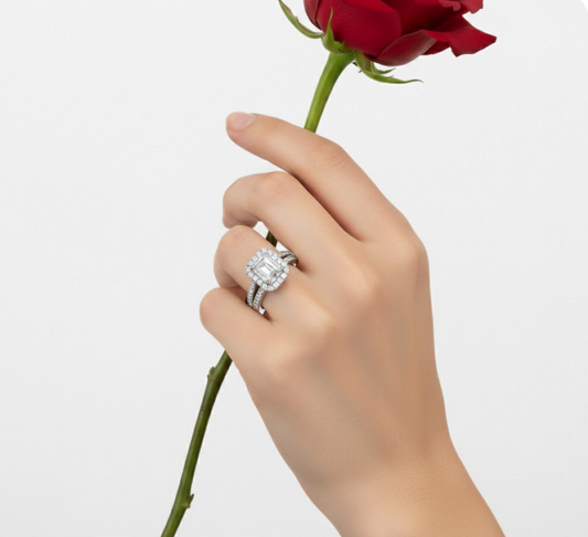 Radiant Cut Moissanite Halo Engagement Ring, Classic Style