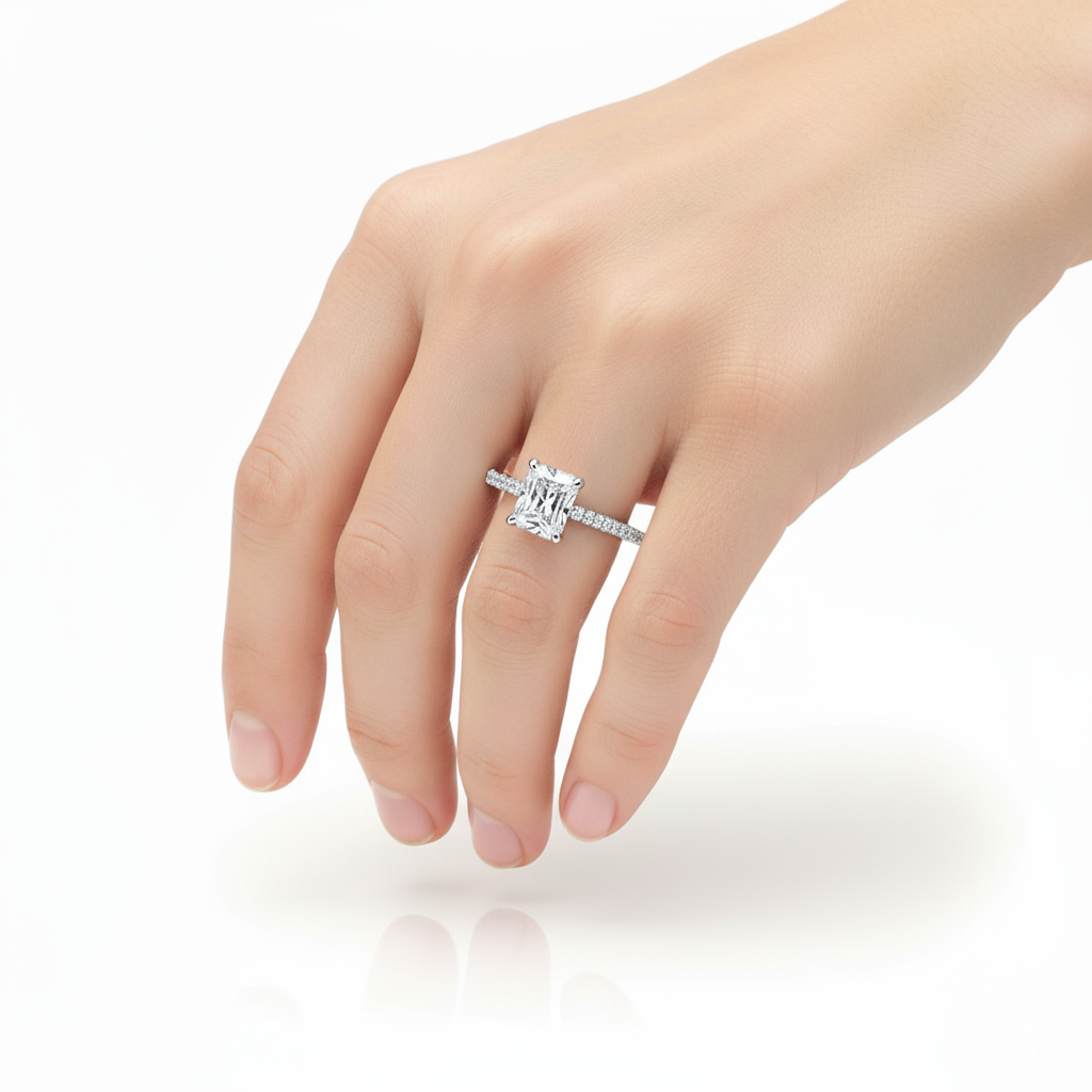 Radiant Cut Moissanite Engagement Pavé Set Shoulders Ring With Hidden Halo