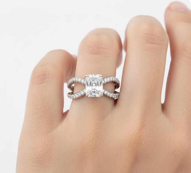 Radiant Cut Moissanite Engagement Ring Criss-Cross Design