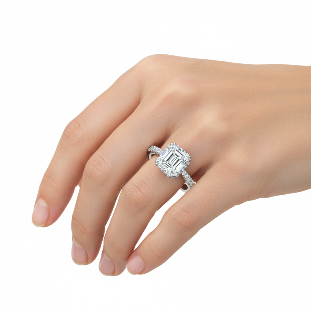 Radiant Cut Moissanite Engagement Ring, Hidden Halo