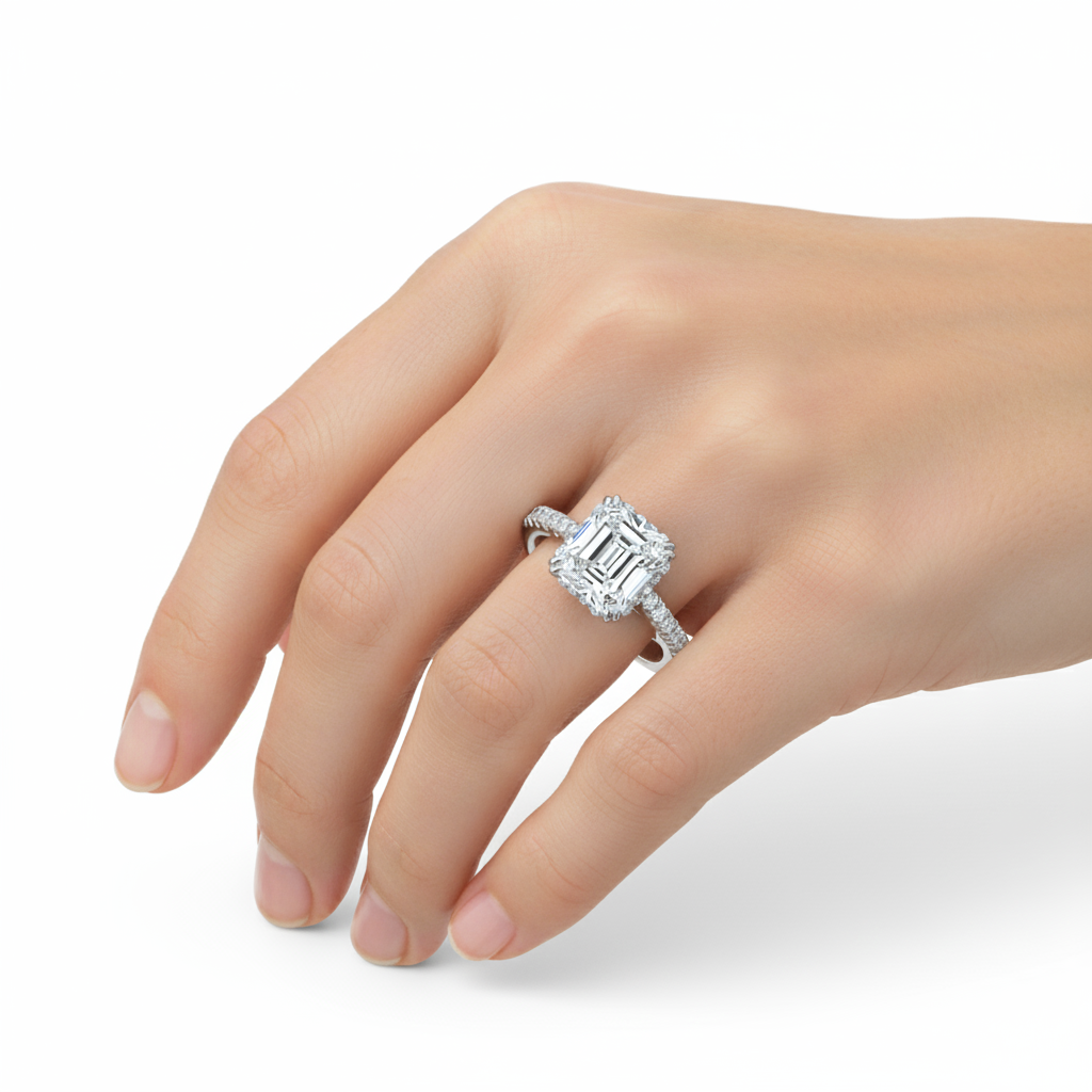 Radiant Cut Moissanite Engagement Ring, Hidden Halo Design