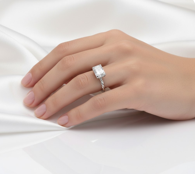 Radiant Cut Moissanite Ring, Twisted Band With Hidden Halo