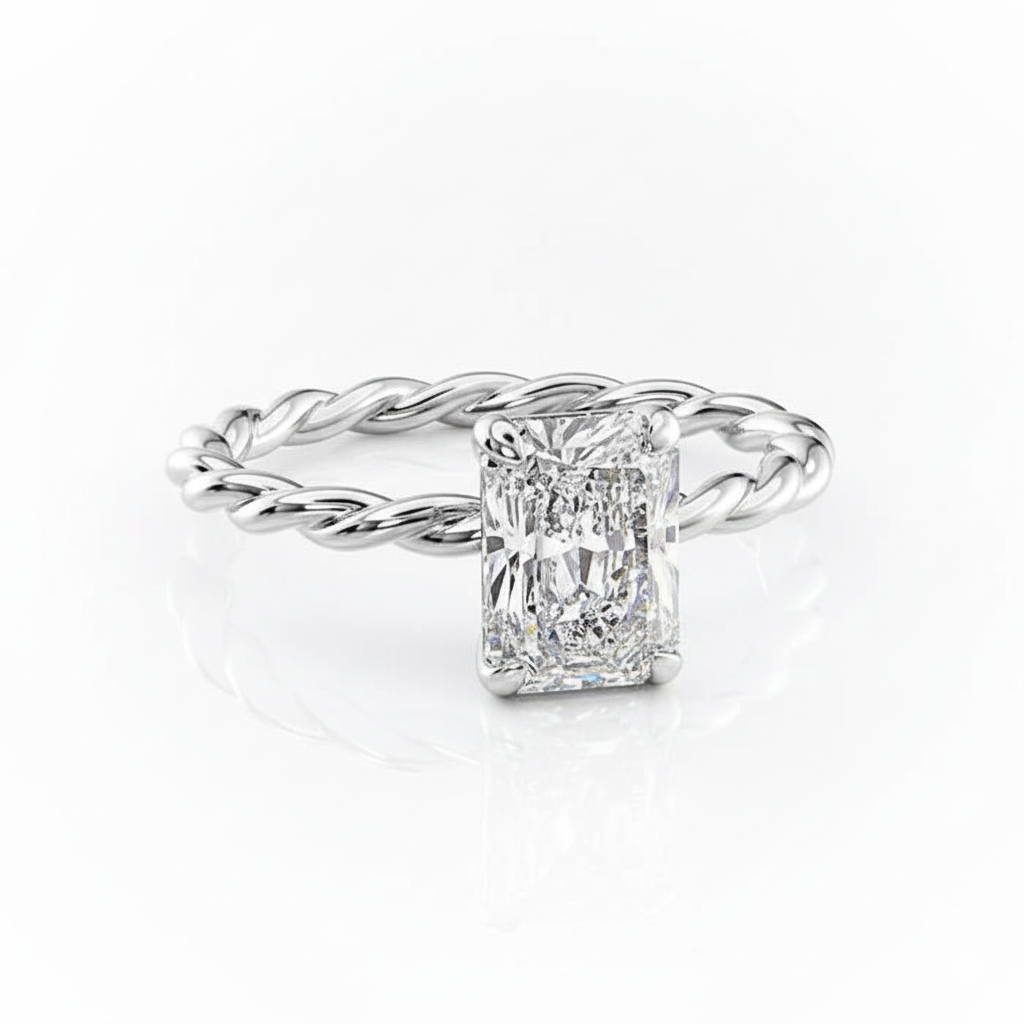 Radiant Cut Moissanite Ring, Twisted Band With Hidden Halo