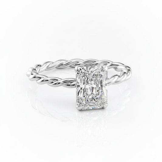 Radiant Cut Moissanite Ring, Twisted Band With Hidden Halo