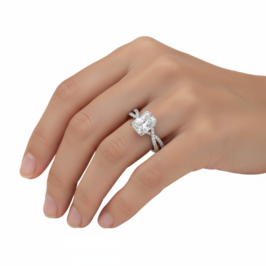Radiant Cut Moissanite Engagement Ring, Twisted Stone Set Shoulders