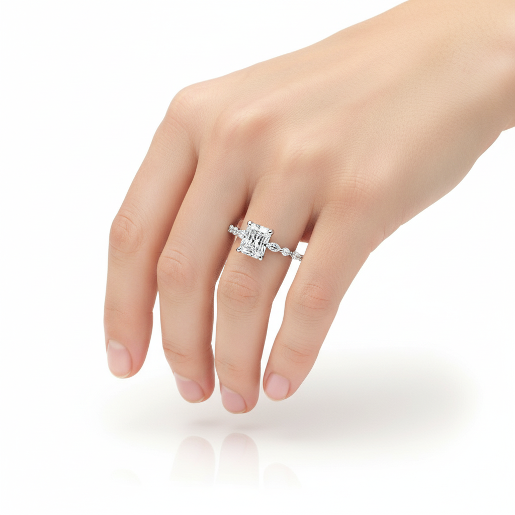 Radiant Cut Moissanite Engagement Ring With Hidden Halo