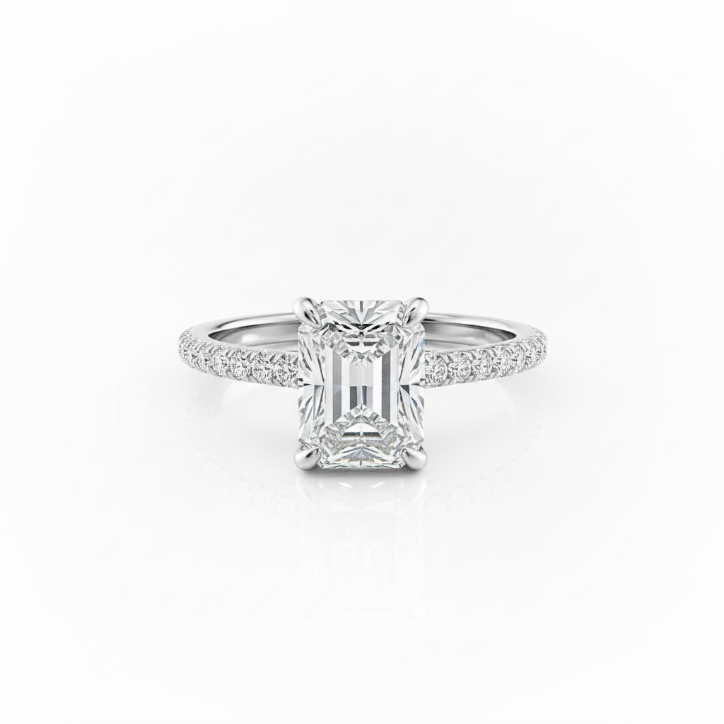 Radiant Cut Moissanite Shoulder Engagement Ring Set With Hidden Halo