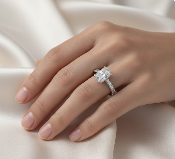 Radiant Cut Moissanite Shoulder Engagement Ring Set With Hidden Halo