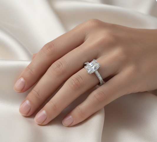 Radiant Cut Moissanite Shoulder Engagement Ring Set With Hidden Halo