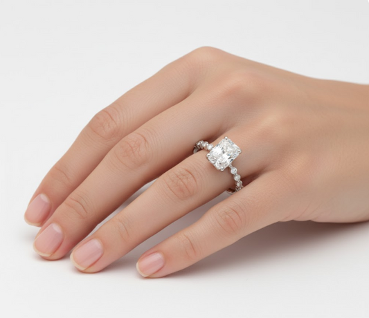 Radiant Cut Moissanite Engagement Shoulder Set Ring With Hidden Halo