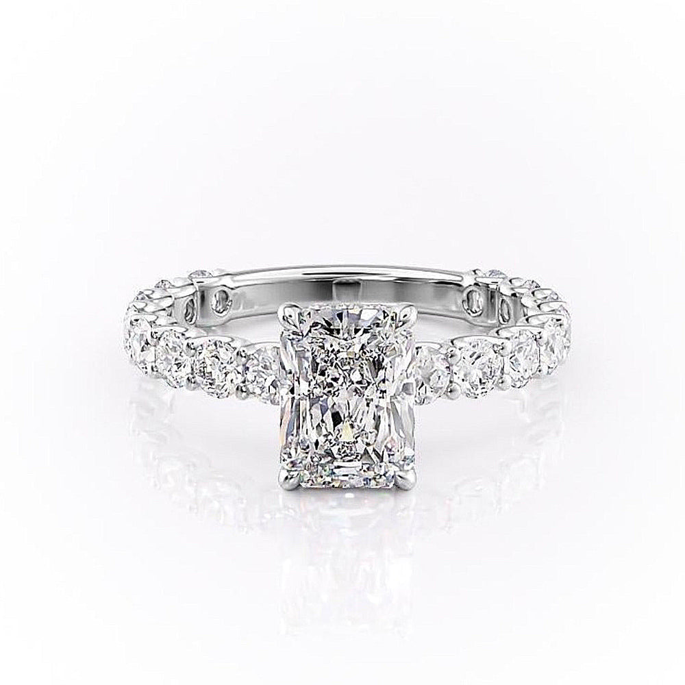Radiant Cut Moissanite Stone Engagement Set Shoulders Ring With Hidden Halo