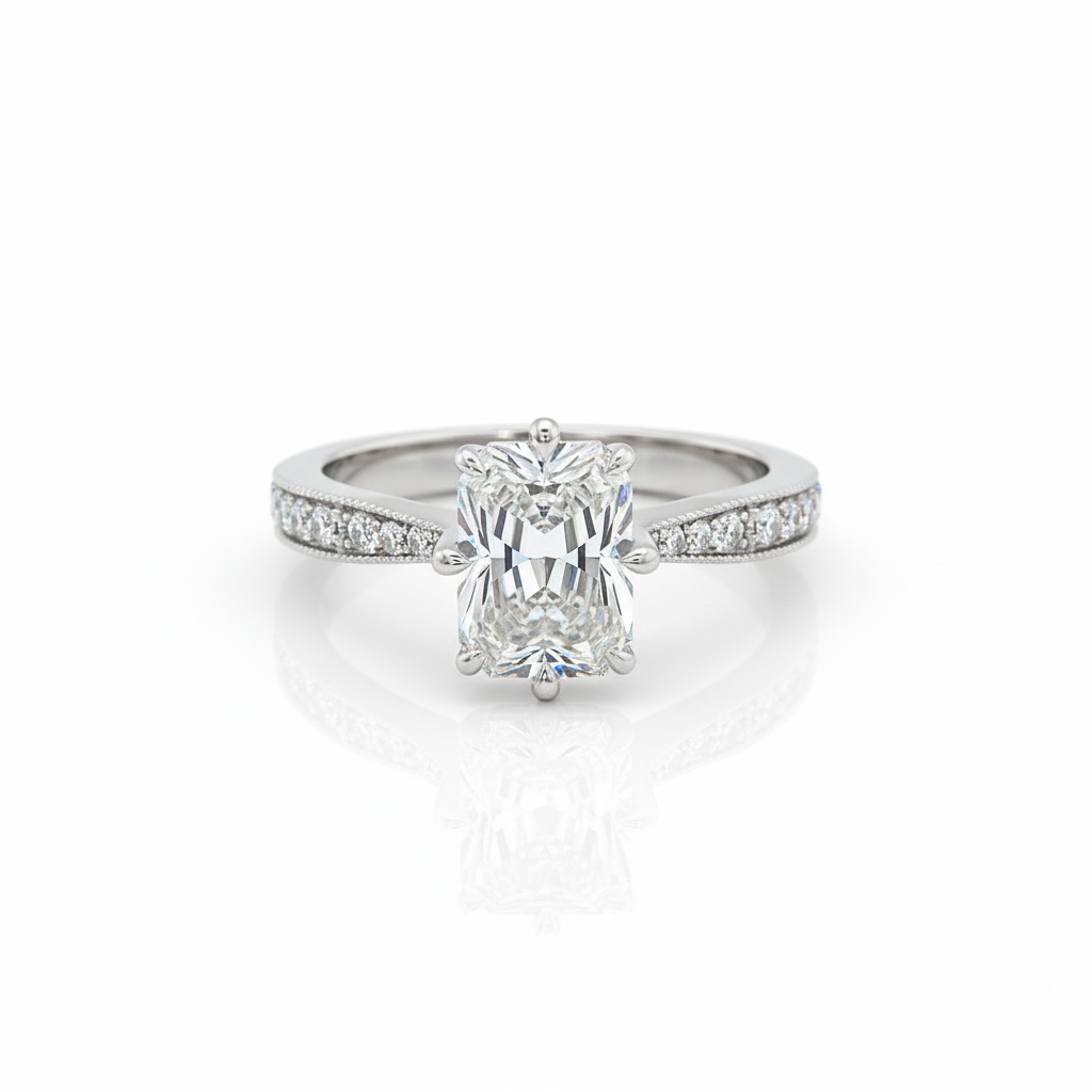 Radiant Cut Moissanite Stone Set Shoulders Engagement Ring With Milgrain Edge