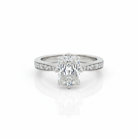 Radiant Cut Moissanite Stone Set Shoulders Engagement Ring With Milgrain Edge
