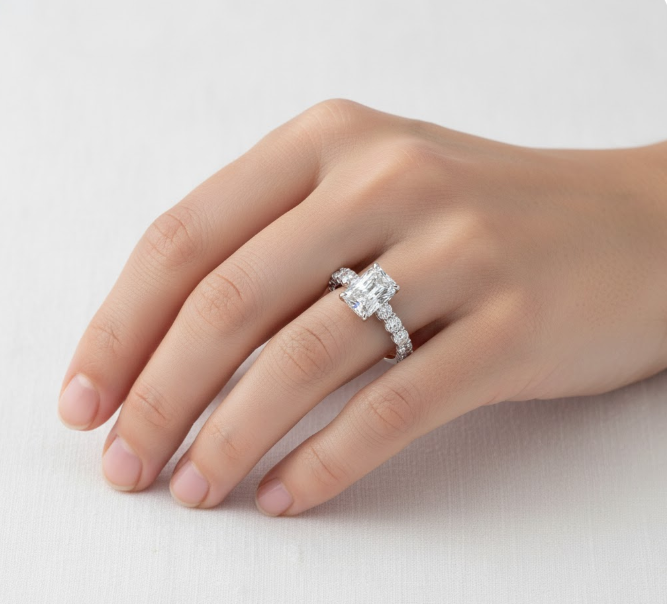 Radiant Cut Moissanite Stone Engagement Set Shoulders Ring With Hidden Halo