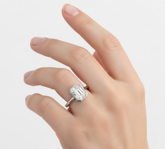 Radiant Cut Rubover Moissanite Engagement Ring With Hidden Halo