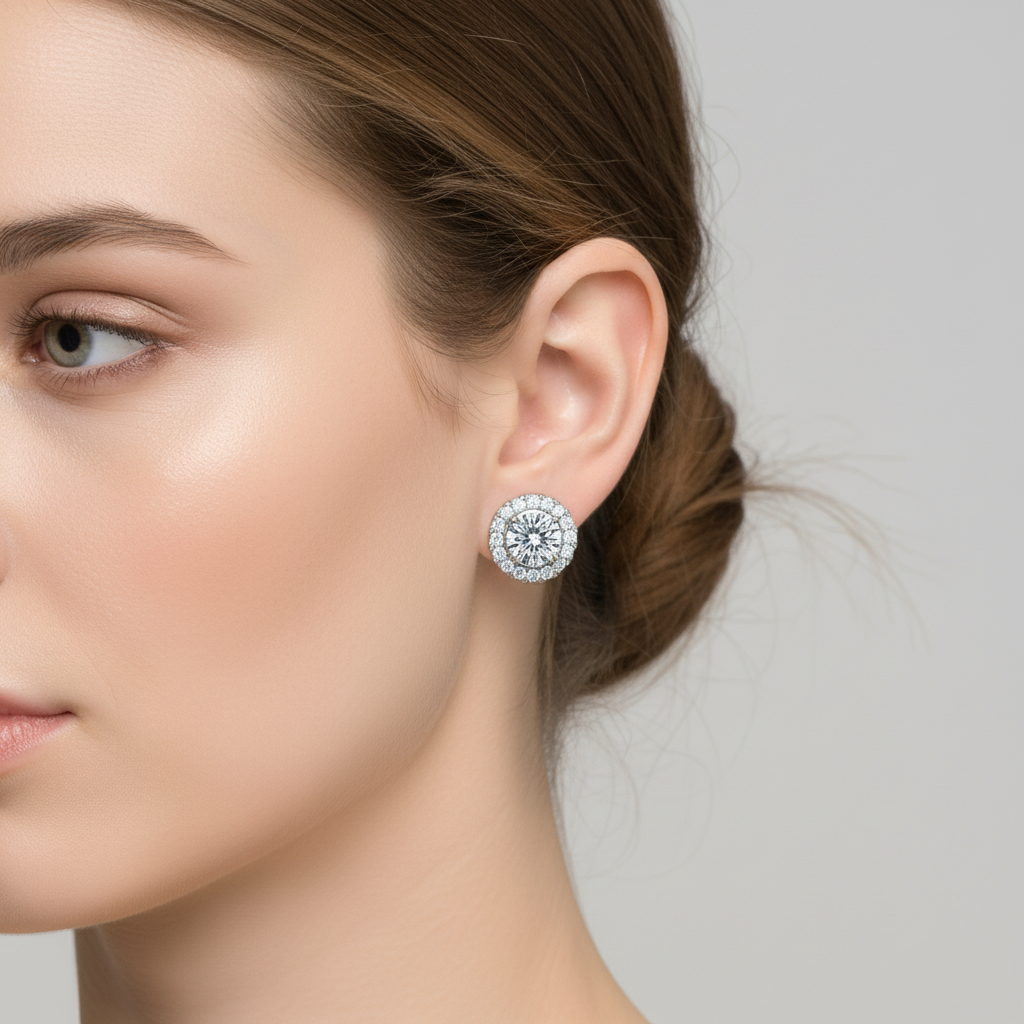 Round Cut Moissanite Earring Halo Style 4 Prong Setting