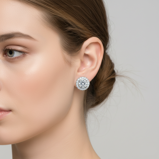 Round Cut Moissanite Earring Halo Style 4 Prong Setting