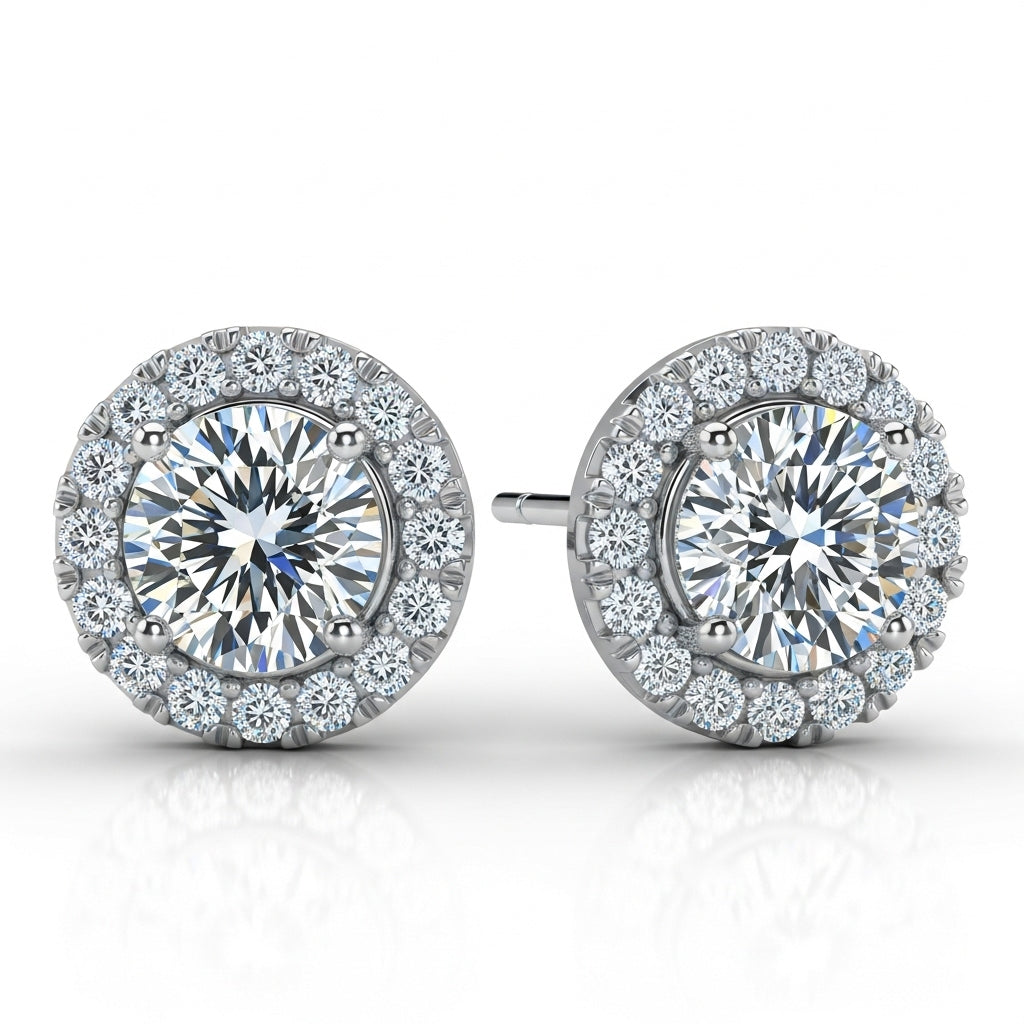 Round Cut Moissanite Earring Halo Style 4 Prong Setting