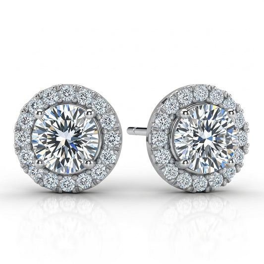 Round Cut Moissanite Earring Halo Style 4 Prong Setting