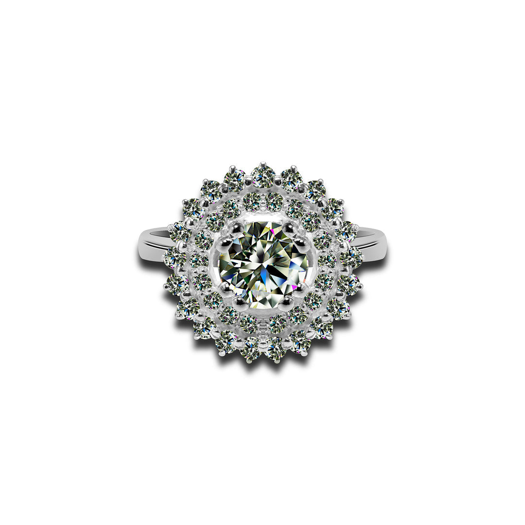 Round Cut Moissanite Engagement Ring, Double Halo