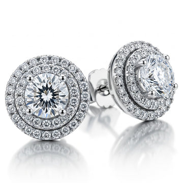 Round-Cut Moissanite Stud Earrings Double Halo Style 