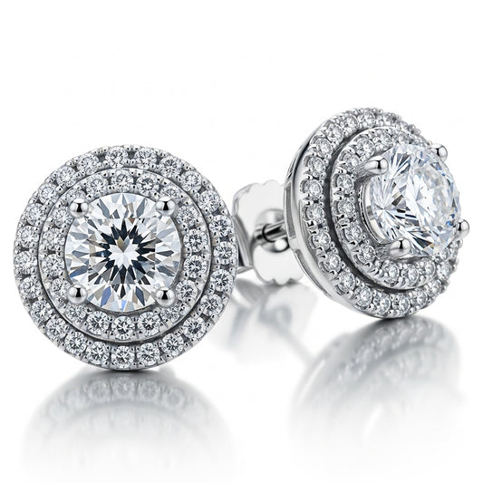 Round-Cut Moissanite Stud Earrings Double Halo Style 