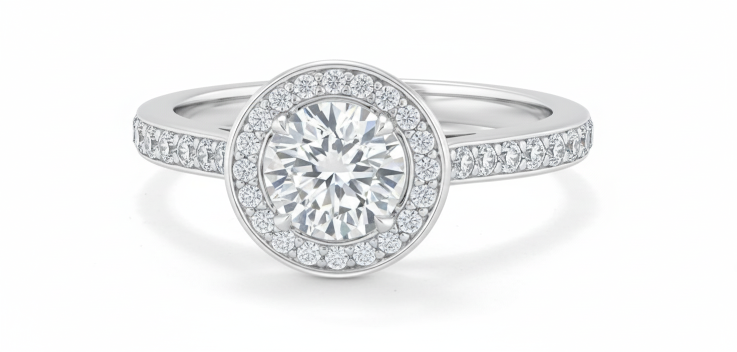 Round Cut Moissanite Engagement Ring, Tiffany Style Classic Halo Design