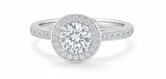 Round Cut Moissanite Engagement Ring, Tiffany Style Classic Halo Design