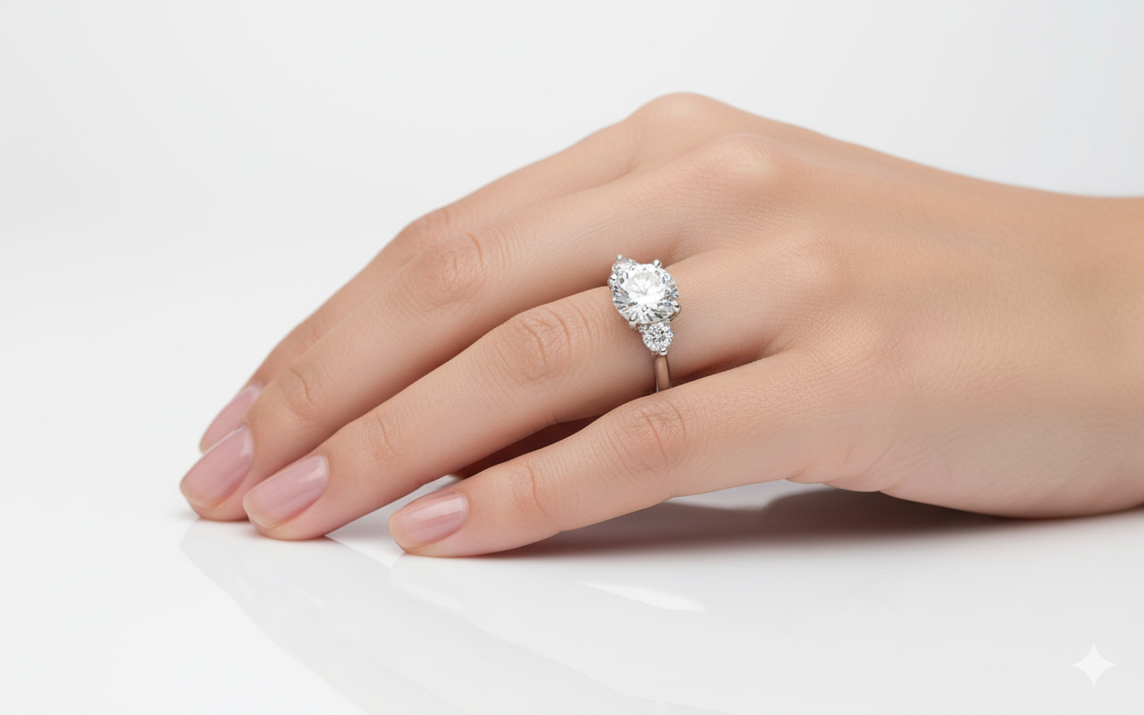 Round Cut Moissanite Engagement Ring, 3 Stone Setting Design