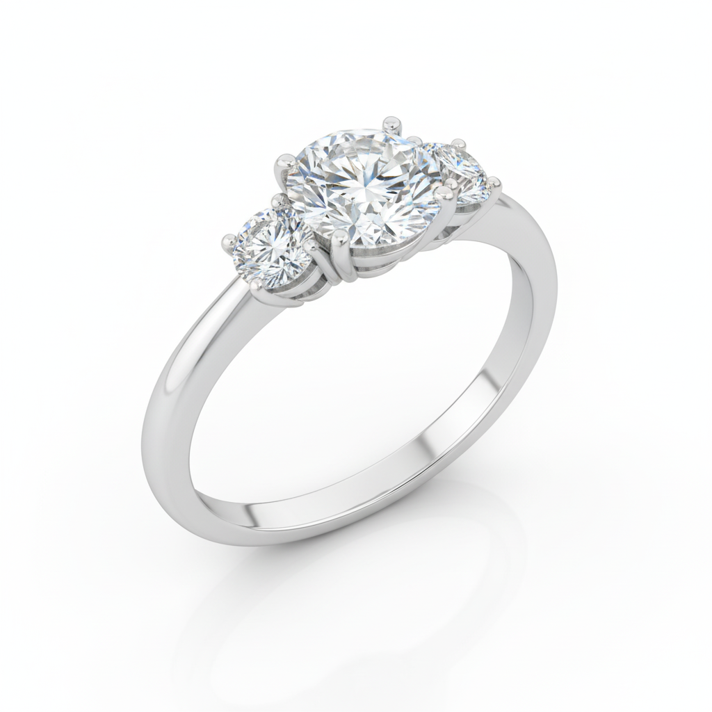 Round Cut Moissanite Engagement Ring, 3 Stone Setting Design
