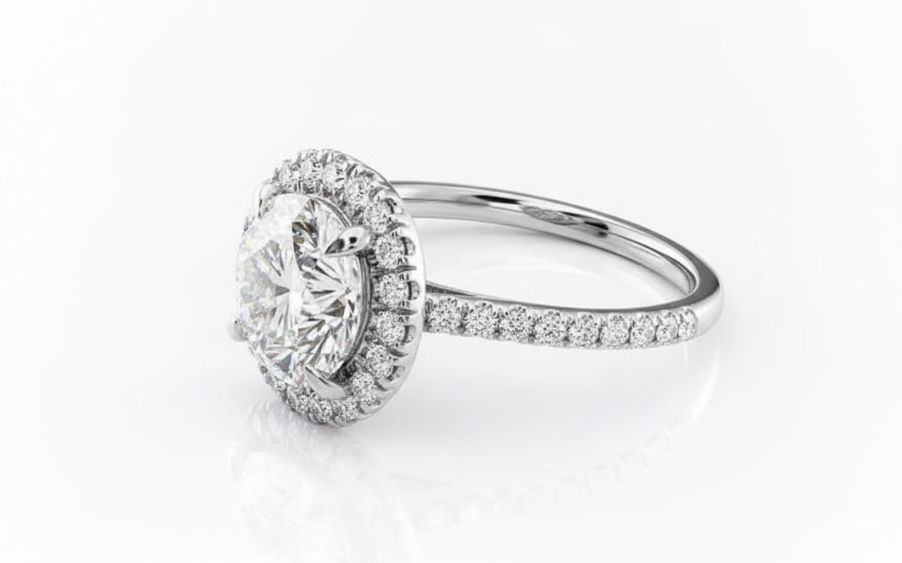 Round Cut Moissanite Engagement Ring, Classic Halo Design
