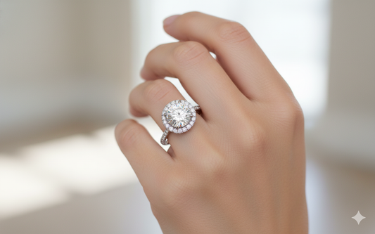Round Cut Moissanite Engagement Ring, Classic Halo Design