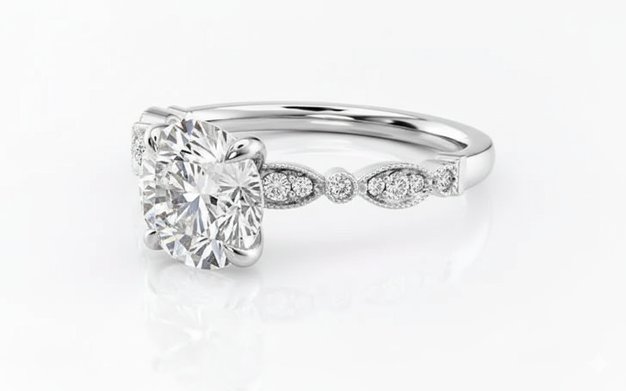 Round Cut Moissanite Engagement Ring, Classic Vintage Design