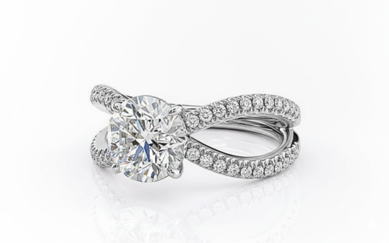 Round Cut Moissanite Engagement Ring, Criss-Cross Design Style