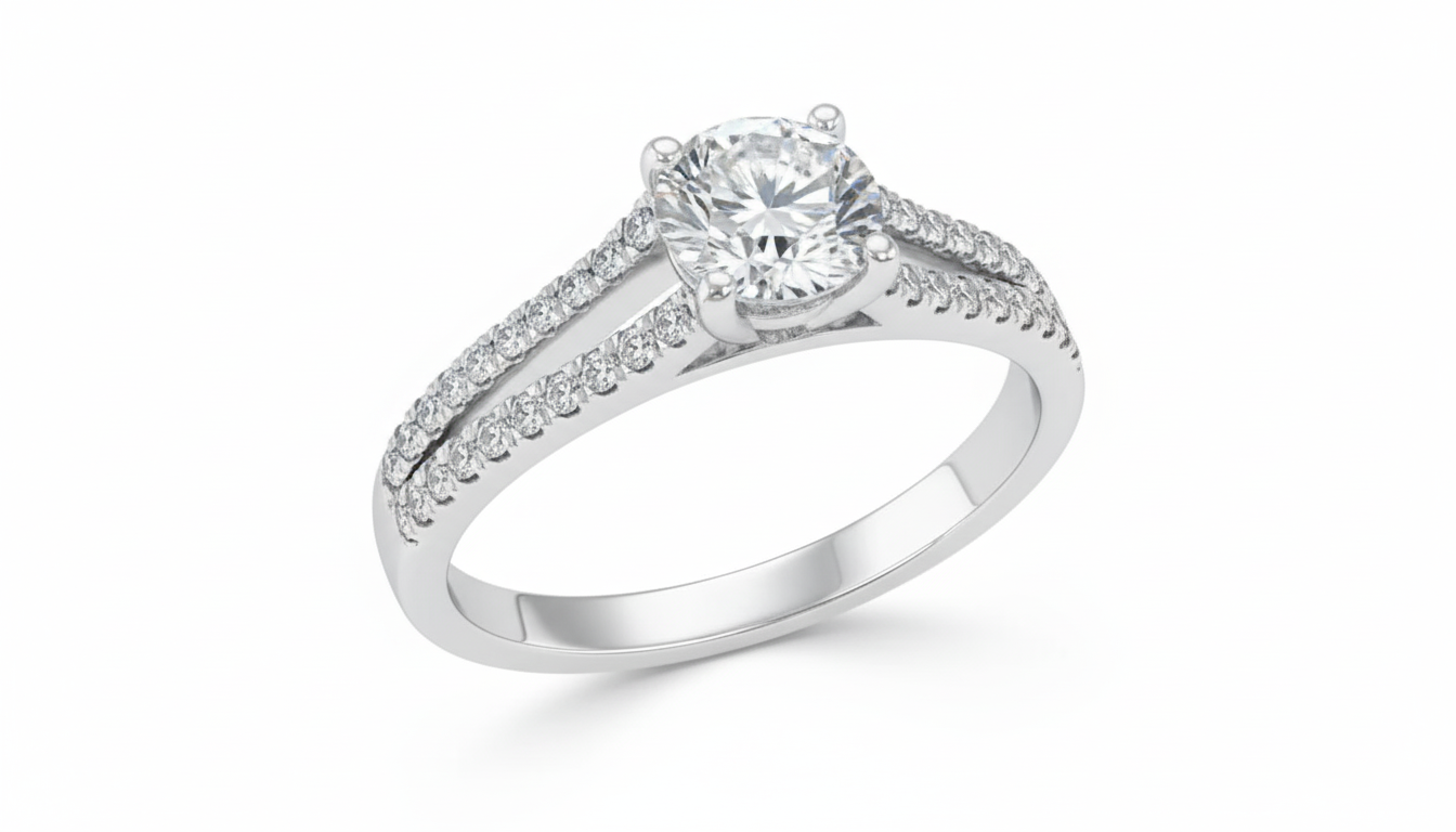 Round Cut Moissanite Engagement Ring, Double Row Tiffany Style Band Design