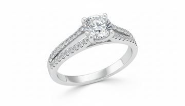 Round Cut Moissanite Engagement Ring, Double Row Tiffany Style Band Design