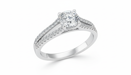 Round Cut Moissanite Engagement Ring, Double Row Tiffany Style Band Design